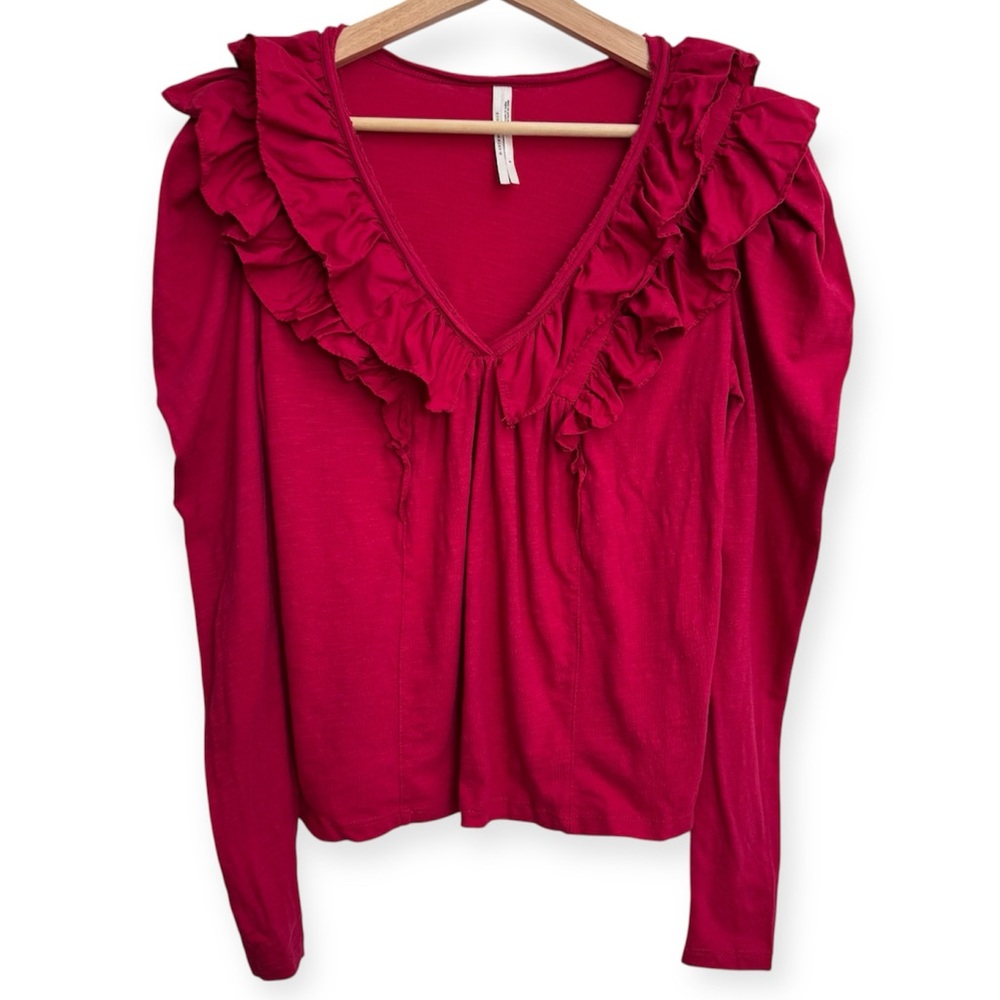 By Anthropologie V-Neck Ruffle Down Long Sleeve Blouse Top